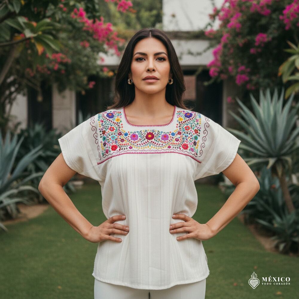 Mexican Embroidered Blouse – Handmade Otomi Floral &  Design Large 28 X 23 IN